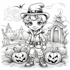 kawaii kids Halloween theme coloring page for kids 