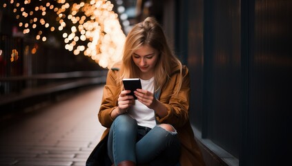 Young woman in a brown coat sitting on the street and using mobile phone