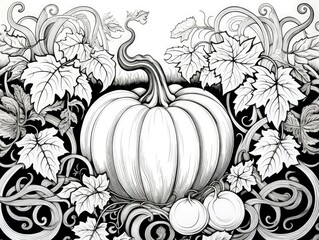 pumpkin surrounded by swirly leaves for adults coloring page 