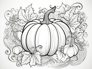 pumpkin surrounded by swirly leaves for adults coloring page 