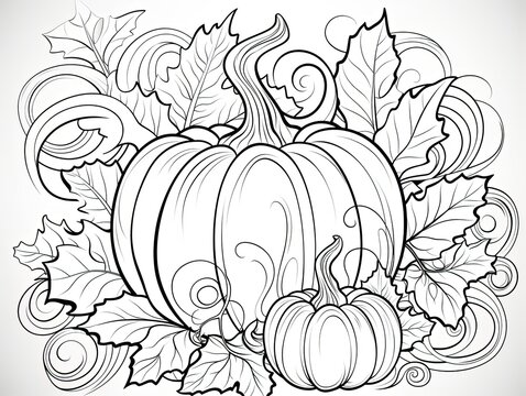 pumpkin surrounded by swirly leaves for adults coloring page 