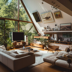 Fototapeta premium modern living room in a A-Frame with forest in the background