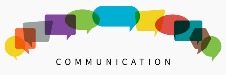 Communication. Word with colorful multi colored dialog speech bubbles. Flat illustration of communication concept on white isolated background. People with idea in business network. - obrazy, fototapety, plakaty