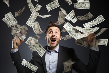 Portrait of a young man in a suit throwing money into the air - obrazy, fototapety, plakaty