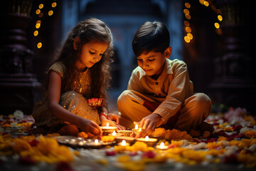 Little siblings celebrating Bhaidooj or Diwali festival - obrazy, fototapety, plakaty