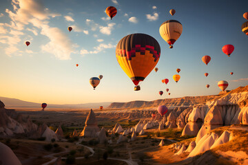 Naklejka premium Set of colored balloons flying above the ground in cappadocia turkey