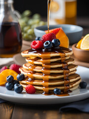 Pancakes with fruit topped with maple syrup