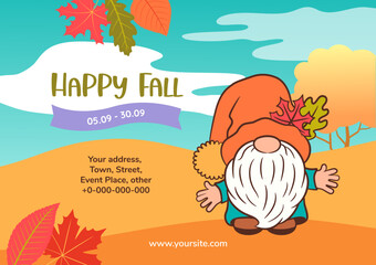 Vector fall banner with cute gnome horizontal design. Autumn yellow orange background with copy space. Cartoon dwarf character mascot. Fall banner, web site, flyer, autumn event ads design.