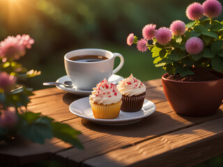 Cupcakes and a cup of tea on a wooden garden table at sunset.