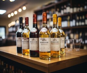 Wine Shop Wall with Bottles on Shelf. Soft-Focus Aesthetic.