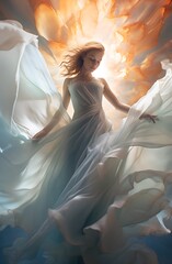 Ethereal Blonde dancer Wrapped in Light White Veil, Captivating Graceful Movement, Generative AI