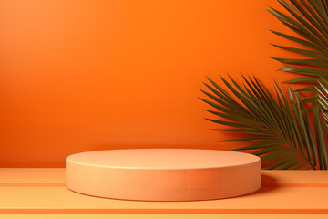 Minimal modern product display on orange background with product podium and tropical palm leaf. Suitable for Product Display and Business Concept.