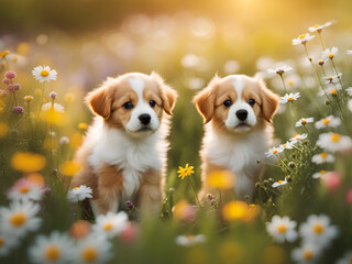 Outdoor portrait of two cute puppies.  - obrazy, fototapety, plakaty