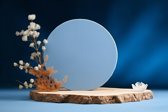 Minimal modern product display on blue background. Wood slice podium, dry flowers and stones. Concept scene stage showcase for new product, promotion sale, banner, presentation, cosmetic.