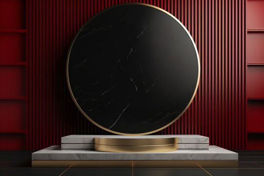 Minimal Podium. Scene With Geometrical Forms. Gold, Grid Wall. Black & Red Marble ,gold Column. Minimal Background To Show Products.Product Stage 3d Render.