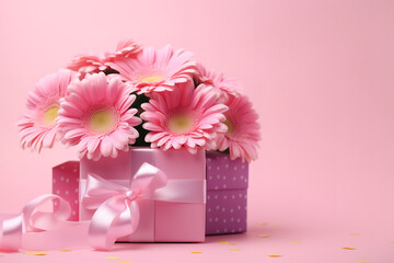Valentine's day and mother's day concept with pink flower and gift on pink background 