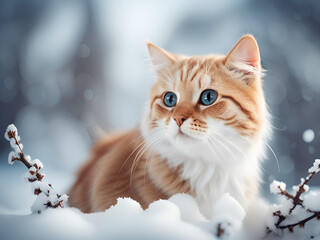 Winter outdoor portrait of a cat with blue eyes. Generative AI.