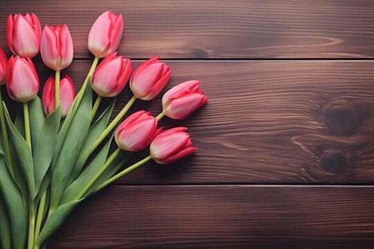 red tulips on a wooden background. Moher's day, women's day, anniversary easter background with copy space