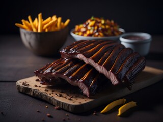 Grilled steak with fris on a wooden table