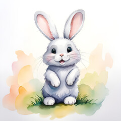 Watercolor painting  of a cute little happy bunny.
Generative AI.