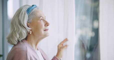 Thinking, senior and woman by window in home, remember and hope in retirement. Memory, elderly person and idea, vision or contemplating future planning for peace, calm and relax for freedom in house