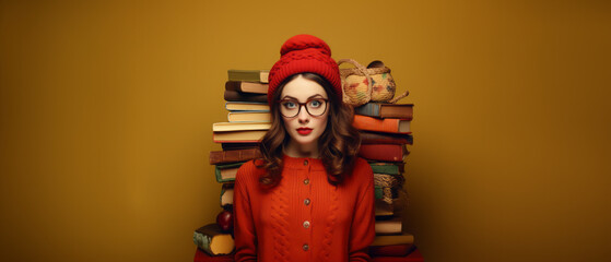 A woman standing in front of a pile of books. Librarian. Wearing a red top. Wearing a red beanie. Glasses. Red lipstick. Pretty. Brunette.