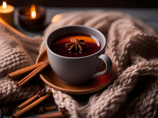 Cozy home scenery. A cup of tea with cinnamon sticks, a knitted blanket and anise stars . Generative AI.