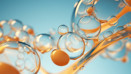 Abstract background.  orange bubbles. Blue background. Oil, flowing.  Organic pattern. 3d. Macro photography.