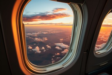 Aerial view of airplane window with beautiful sunset in the background.