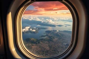 Aerial view of airplane window with beautiful sunset in the background.