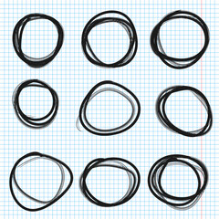 Hand drawn circles line sketch set on notebook pages. Doodle graffiti illustration. Drawing circular scribble doodle round circles.