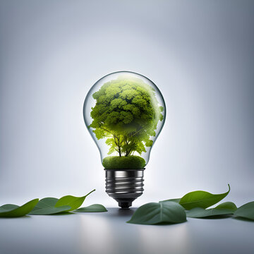 Light bulb with a tree inside. Eco energy. Ecology concept. Generative AI.