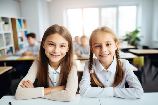 Portrait of two diligent kids looking at camera in classroom