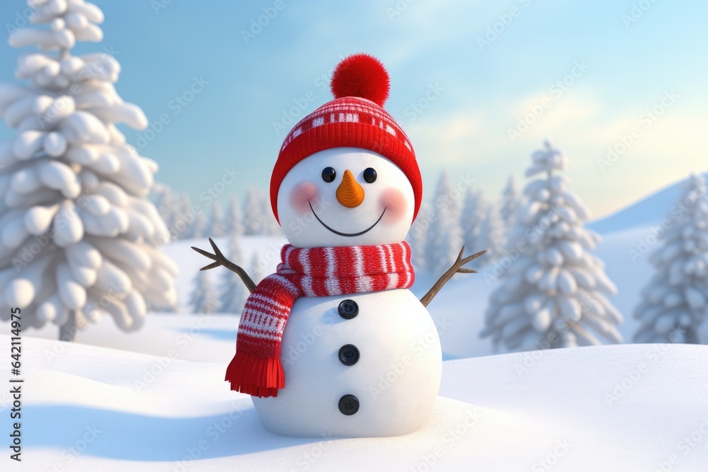 Sticker Cute Cartoon  Snowman Wearing a Red Scarf on a Snowy Background