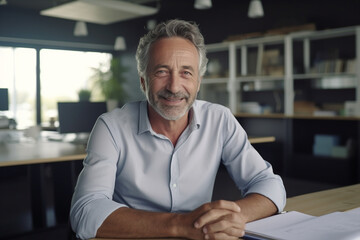 Obraz premium Generative ai portrait of a confident and reassuring mature caucasian businessman sitting desk