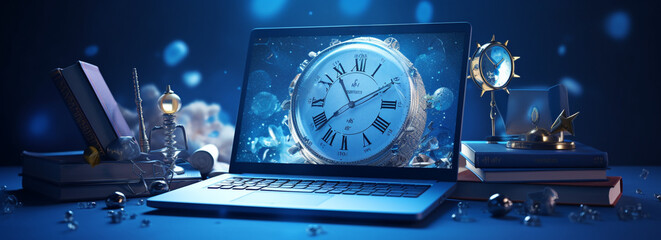 banner laptop computer with clock on screen on the table with books and clock background. time management concept