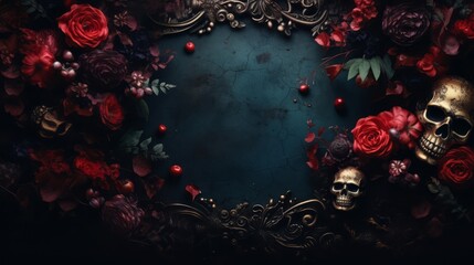 Dark moody baroque background for Halloween with skulls and flowers - obrazy, fototapety, plakaty