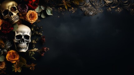 Dark moody baroque background for Halloween with skulls and flowers