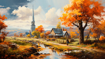 A peaceful idyllic illustration of the autumn village surrounded by trees with autumn foliage, heavy brush strokes. AI generated