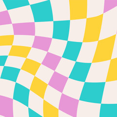 Colorful distorted checkerboard background. Retro psychedelic checkered wallpaper. Wavy groovy chessboard surface. Trippy twisted geometric pattern. Abstract vector backdrop