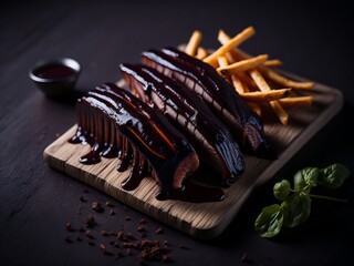 Grilled steak with fris on a wooden table