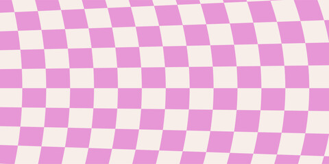 Purple distorted checkerboard background. Retro psychedelic checkered wallpaper. Wavy groovy chessboard surface. Trippy twisted geometric pattern. Abstract vector backdrop