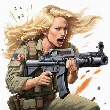 illustration  of a young blue-eyed blonde woman with her hair in the air shooting with an automatic gun and bullets around