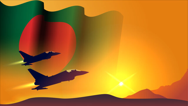 fighter jet plane with bangladesh waving flag background design with sunset view suitable for national bangladesh air forces day event