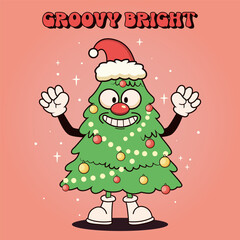 Retro Cartoon Cristmas tree, funny character. Vector illustration.
