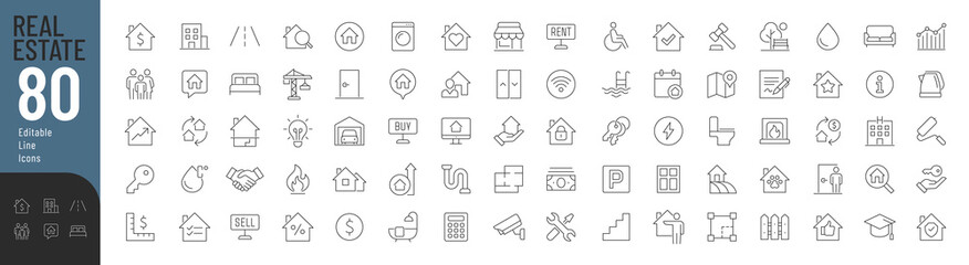 Real Estate Line Editable Icons set. Vector illustration in modern thin line style of icons related to real estate transactions, types of real estate, amenities, and other features. Isolated on white. - obrazy, fototapety, plakaty