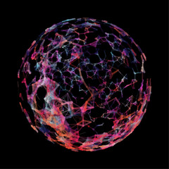 Futuristic vector sphere composed of particles and connecting lines, representing network connections and big data in an abstract technological background.