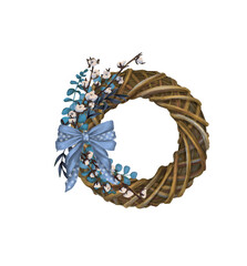 Christmas wreath. watercolor composition of a blue bow knot, cotton and dried flowers. Pastel colors