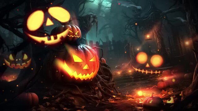 halloween jack o lantern in the night. scary halloween pumpkin