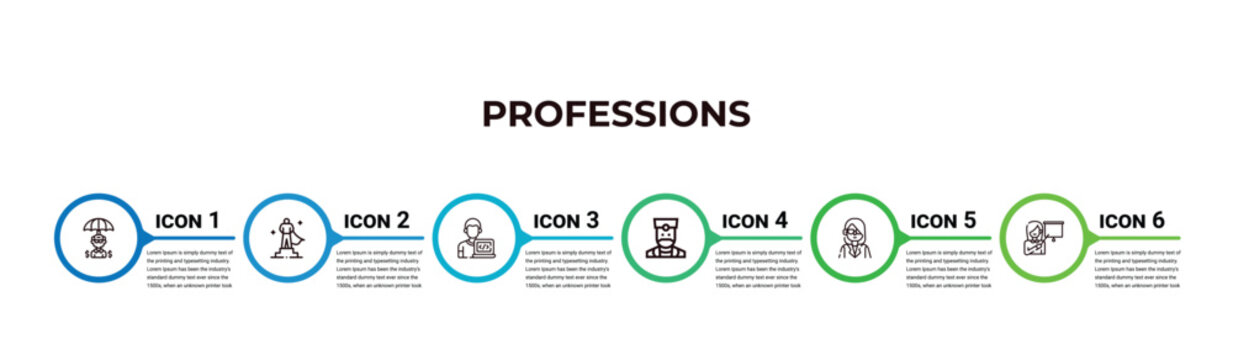pensioner, superhero, programmer, orthodontist, accountant, teacher outline icons. editable vector from professions concept. infographic template.